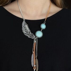 Silver and Blue Feather Pendant Necklace
